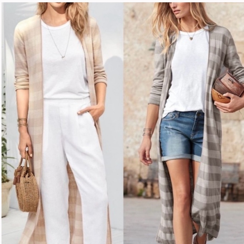 Garnet‎ Hill 100% Linen Striped Breathable Long Duster Cardigan Women’s Sz S